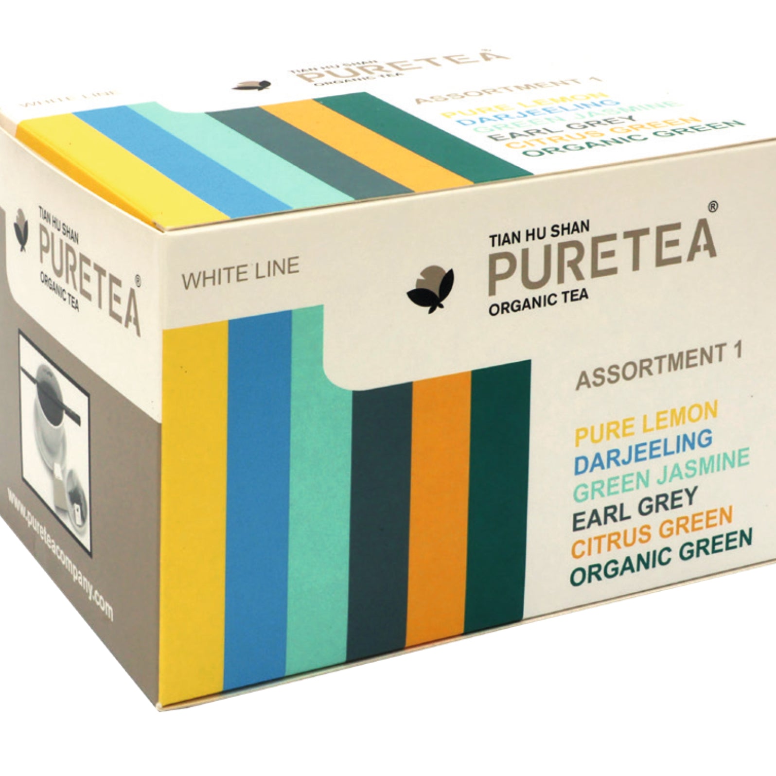 Pure Tea Assortiment 1 met 6 biologische theesoorten:Pure Lemon, Darjeeling, Green Jasmine, Earl Grey, Citrus Green, Organic Green