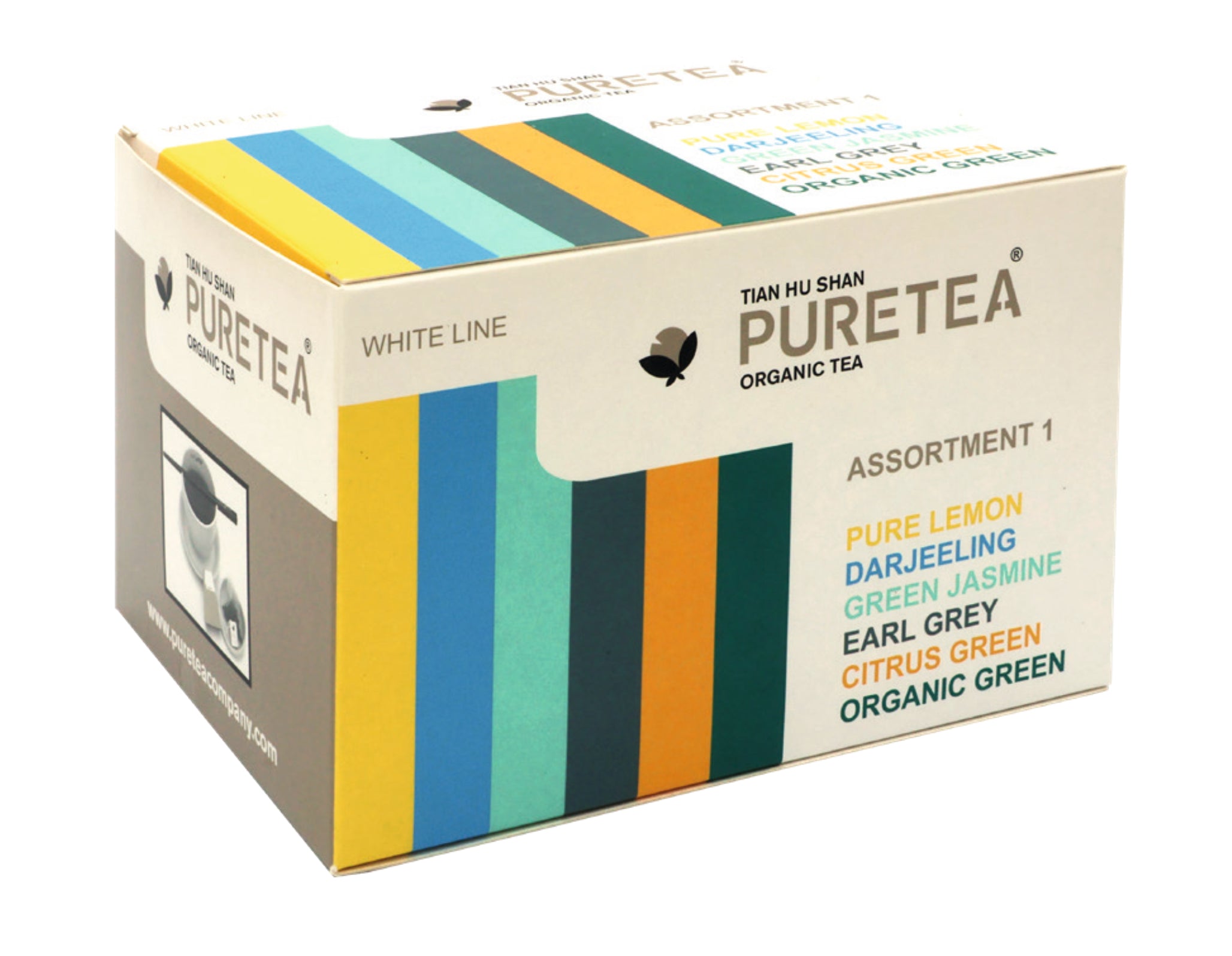 Pure Tea Assortiment 1 met 6 biologische theesoorten:Pure Lemon, Darjeeling, Green Jasmine, Earl Grey, Citrus Green, Organic Green