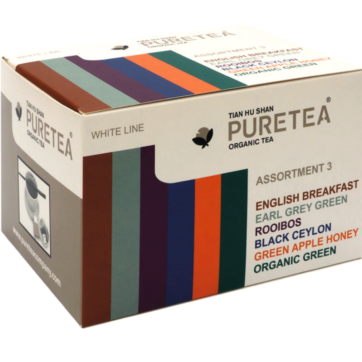 Pure Tea Assortiment 3 met 6 biologische theesoorten: English Breakfast, Earl Grey Green, Rooibos, Black Ceylon, Green Apple Honey en Organic Green.
