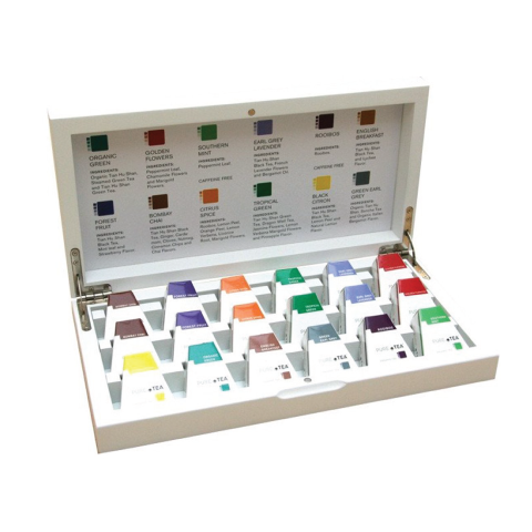 Witte 18-vaks theekist voor een overzichtelijke selectie Pure Tea White Line. Mooi afgewerkt, perfect voor thuis of kantoor.