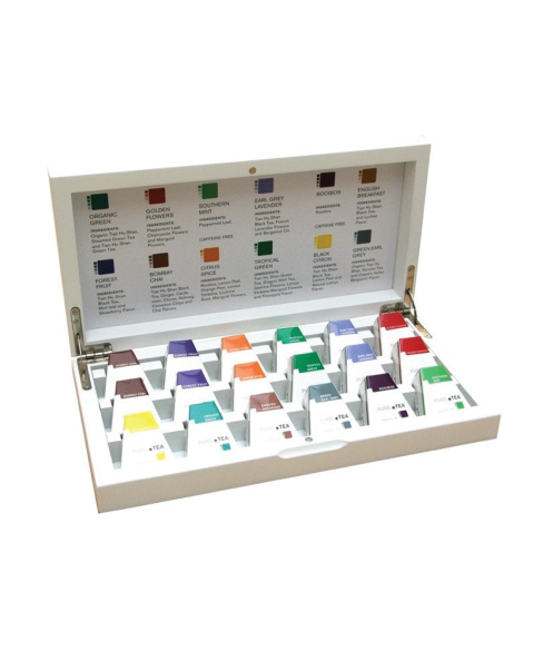 Witte 18-vaks theekist voor een overzichtelijke selectie Pure Tea White Line. Mooi afgewerkt, perfect voor thuis of kantoor.