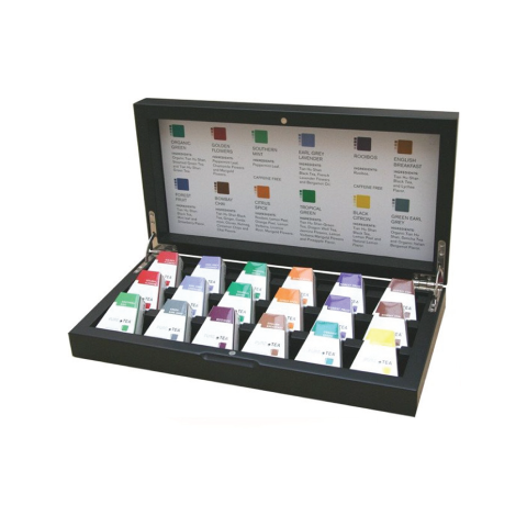 Zwarte theekist met 18 vakken – ideaal voor kleinere selecties van Pure Tea White Line. Compact, professioneel en elegant.