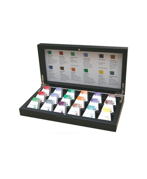 Zwarte theekist met 18 vakken – ideaal voor kleinere selecties van Pure Tea White Line. Compact, professioneel en elegant.