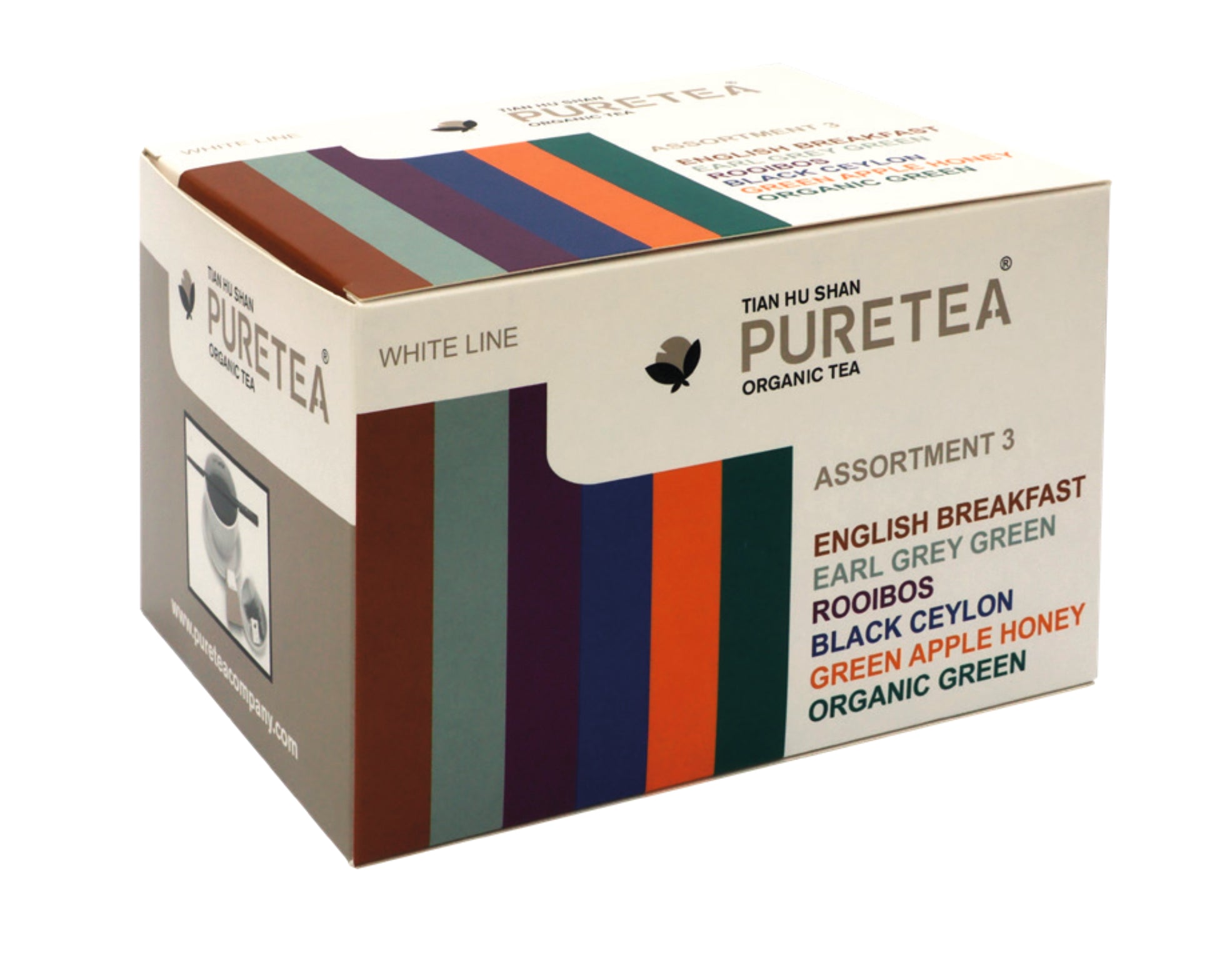 Pure Tea Assortiment 3 met 6 biologische theesoorten: English Breakfast, Earl Grey Green, Rooibos, Black Ceylon, Green Apple Honey en Organic Green.